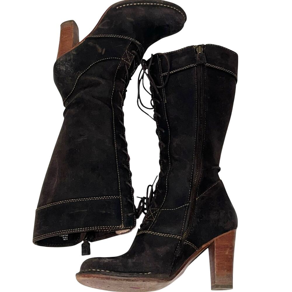 Frye Lace Villager Tall Brown Distressed Leather Lace-up Heeled Boots 6.5 77610 - Picture 2 of 12